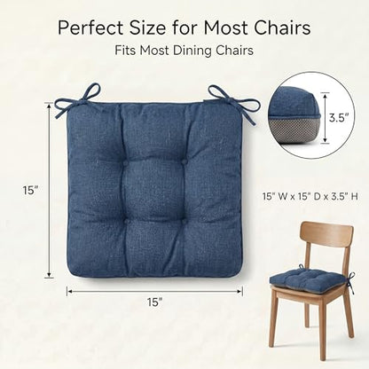 Chair Cushions for Dining Chairs Set of 4, 15.5" x 15.5" x 3.5" Kitchen Chair Cushions with Ties, Upgraded Silicone Non-Slip Bottom, Premium Shredded Memory Foam Chair Pads, Navy Blue - color: Navy Blue