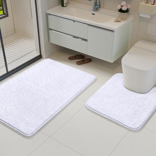 Bathroom Rug Sets 2 Piece, 20"x20" U-Shaped & 21"×34", White | Toilet Mat Non Slip Bath Mats Floor Set, Washable Bath Rug Set, Absorbent Soft Bathroom Rug - color: White