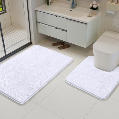 Bathroom Rug Sets 2 Piece, 20"x20" U-Shaped & 21"×34", White | Toilet Mat Non Slip Bath Mats Floor Set, Washable Bath Rug Set, Absorbent Soft Bathroom Rug - color: White