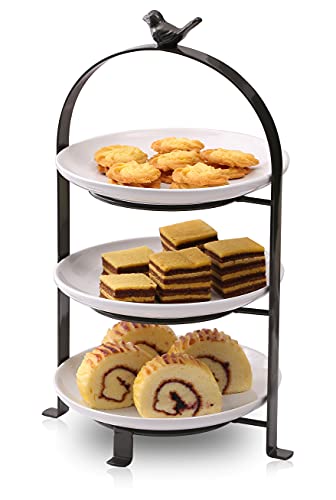 SparkWorks 3 Tiered Cake Stand, Tea Party Serving Platter, Dessert and Cupcake Stand, Metal Tiered Serving Stand Includes Three Premium White Stoneware Plates - size: 8.5 inch