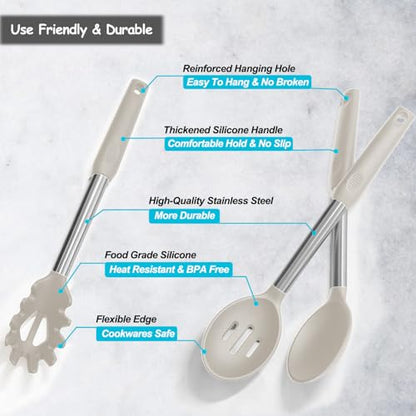 Silicone Spatula and Cooking Spoon,5 Pack Non-Stick Cooking Utensils for Kitchen，Heat Resistant Solid & Slotted Spoons and Spatulas, Stainless Steel Handle Coated with Silicone, Khaki - color: Khaki