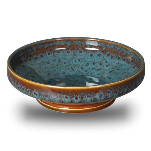 Ceramic Fruit Bowl for Kitchen Counter,Decorative Pedestal Bowl for Table Countertop,Large Footed Serving Bowl,10.2 Inch (peacock Green) - color: peacock Green