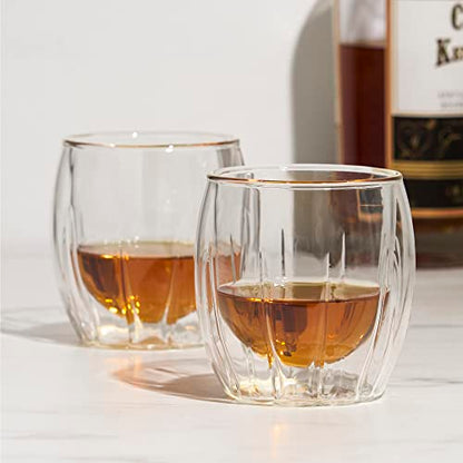 Viski Double-Walled Spirits Glasses, Insulated Liquor Tumblers with Cut Crystal Design, Dishwasher Safe 8.5 Oz, Clear, Set of 2 - style: Double-Walled Spirits Glasses
