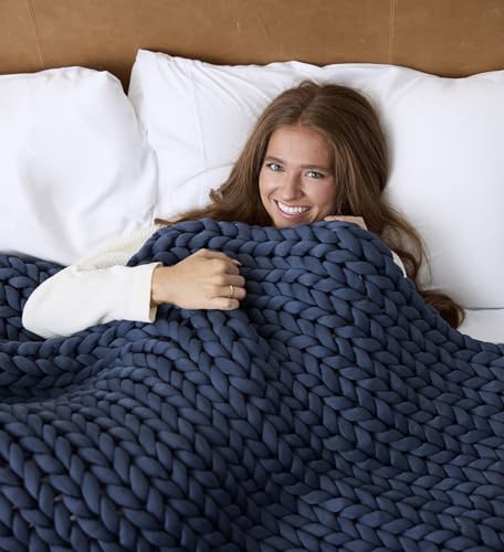 Chunky Knit Blanket - Breathable, Cooling, Hand Made Knit Throw Blanket for Sleep - Machine Washable, Stylish Decor Design (Dusty Blue, Throw | 12lbs | 44"x60") | Soft jersey-knit Dusty Blue shell, 100% recycled hypoallergenic fill. Cooling weighted blank