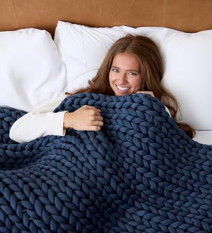 Chunky Knit Blanket - Breathable, Cooling, Hand Made Knit Throw Blanket for Sleep - Machine Washable, Stylish Decor Design (Dusty Blue, Throw | 12lbs | 44"x60") | Soft jersey-knit Dusty Blue shell, 100% recycled hypoallergenic fill. Cooling weighted blank