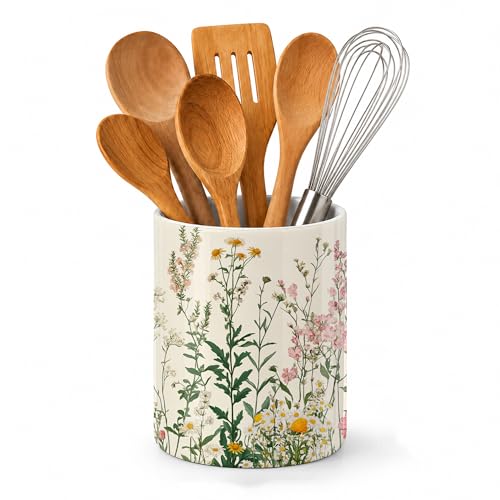 Wildflowers Kitchen Utensil Holder,Vintage Herb Flower Large Ceramic Utensil Crock for Countertop,Cooking Utensil Organizer for Spatulas,Spoons - color: Wildflowers Vintage Herb Flower