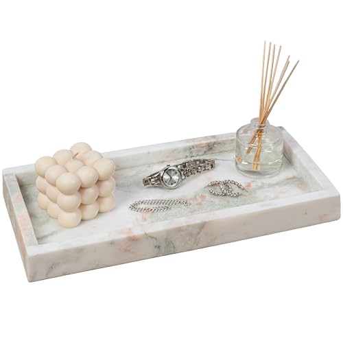 happimess Luxe Stone Rectangular Bathroom Tray 12" x 6", White/Beige Marble | Polished Classic Minimalist Storage Decor, Display Coffee Table Serving Platter, Waterproof Scratch-Resistant - color: White/Beige Marble