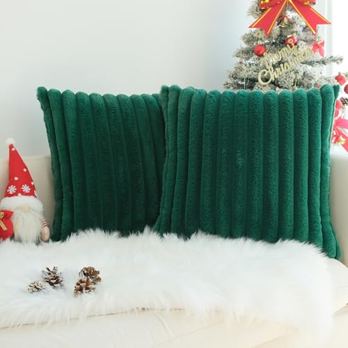 JOJUSIS Faux Fur Plush Throw Pillow Covers, Dark Green, 22 x 22-Inch - color: Dark Green, size: 22" x 22" (Pack of 2)