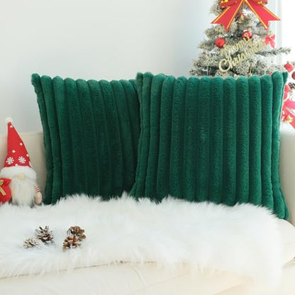 JOJUSIS Faux Fur Plush Throw Pillow Covers, Dark Green, 22 x 22-Inch - color: Dark Green, size: 22" x 22" (Pack of 2)