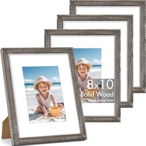 Vittanly Solid Wood 8x10 Picture Frames Set of 4, Distressed Black | 5x7 Picture Frame with Mat, Gallery Wall Frame Set, 8 x 10 Frame for Wall & Tabletop Display, Family, Pet, Christmas - color: Distressed Grey, size: 8x10