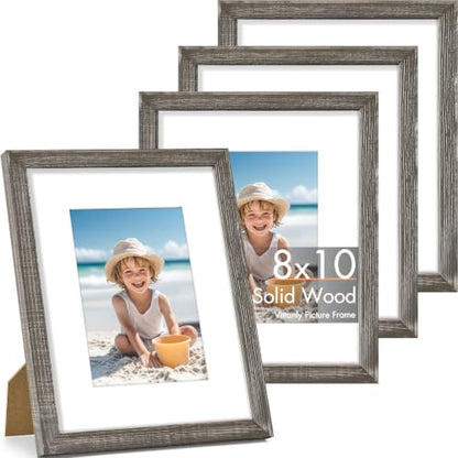 Vittanly Solid Wood 8x10 Picture Frames Set of 4, Distressed Black | 5x7 Picture Frame with Mat, Gallery Wall Frame Set, 8 x 10 Frame for Wall & Tabletop Display, Family, Pet, Christmas - color: Distressed Grey, size: 8x10