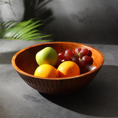 12" x 4" Wood bowl with hand carved pattern | 4.3 quarts capacity | wooden bowl for food, serving salads, pasta, cereal or popcorn | kitchen counter centerpiece bowl for fruits |