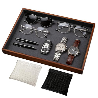Large Solid Wood Jewelry Watch Tray, Velvet Jewelry Board Display Trays for Key Wallet Ring，Stackable Wooden Jewelry Drawer Organizer Showcase Jewelry Holder(Grey) - color: Gray