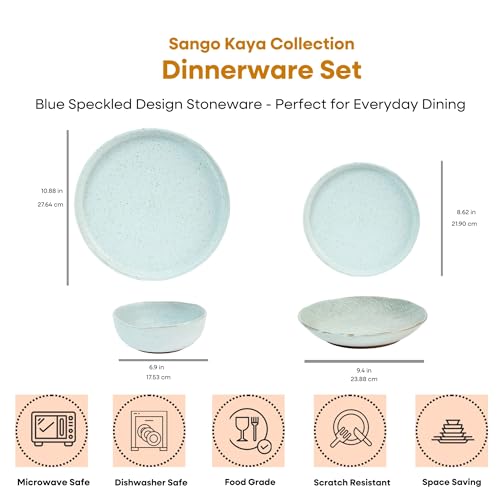 Sango 16-Piece Stoneware Dinnerware Set for 4, Semi-Matte Teal Plates and Bowls Sets with Rustic Speckled Glaze, Ceramic Dish Set, Elegant Boho Farmhouse Dishes, Microwave & Dishwasher Safe, Kaya Blue - color: Blue