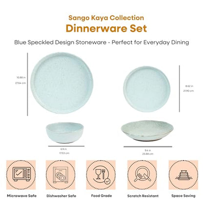 Sango 16-Piece Stoneware Dinnerware Set for 4, Semi-Matte Teal Plates and Bowls Sets with Rustic Speckled Glaze, Ceramic Dish Set, Elegant Boho Farmhouse Dishes, Microwave & Dishwasher Safe, Kaya Blue - color: Blue