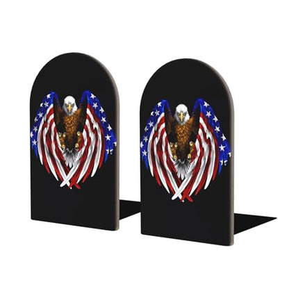 USA Flag Patriotic Eagle Print Bookends Shelves – Wooden Sturdy Book Holders, Storage for Home Office, Protective Desktop Accessories