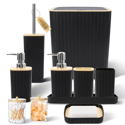 XLHOMO Bathroom Accessories Set - Elegant Black Bathroom Set, 10PC Bathroom Accessory Set, Toilet Brush, Trash Can, Qtip Holder Dispenser & Soap Dispenser - size: Bath Set, style: Black