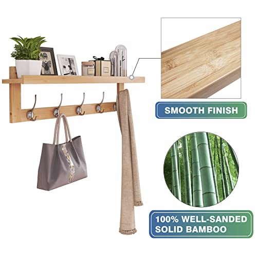 SMIBUY Coat Hooks with Shelf Wall-Mounted, 29.2 Inch Entryway Coat Rack for Wall, Bamboo Hanging Shelf with 5 Double Metal Hooks for Bathroom, Bedroom, Kitchen, Living Room, Mudroom (Natural) - color: Natural