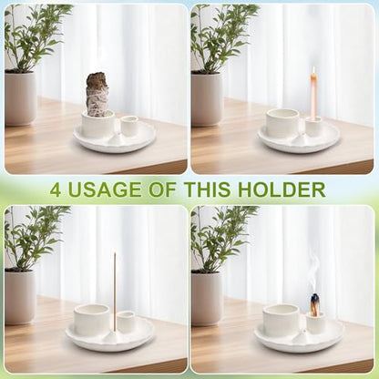 Palo Santo Sticks Holder, 4 in 1 Incense and Candle Holder White | 4 in 1 Incense and Candle Holder for Ash Catcher Tray for Meditation Yoga Room - color: White
