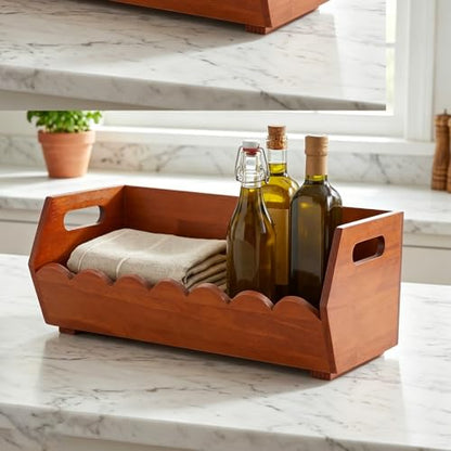 FUOYLOO Wood Pantry Storage Bin Rustic Wooden Basket with Ergonomic Handles and Open Front Design Flat Bottom Kitchen Organizer for Bread and Vegetables for Countertop and Living Room