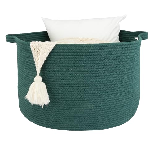 XUANGUO Extra Large Cotton Rope Round Storage Basket 22" x 14" Dark Green | Woven basket for blankets, toys, towels, laundry, nursery, living room and pet toy storage. - color: dark green