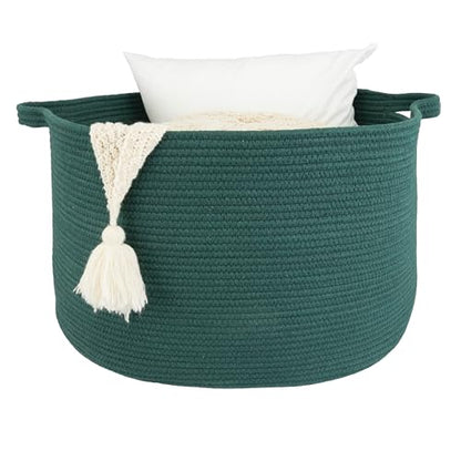 XUANGUO Extra Large Cotton Rope Round Storage Basket 22" x 14" Dark Green | Woven basket for blankets, toys, towels, laundry, nursery, living room and pet toy storage. - color: dark green