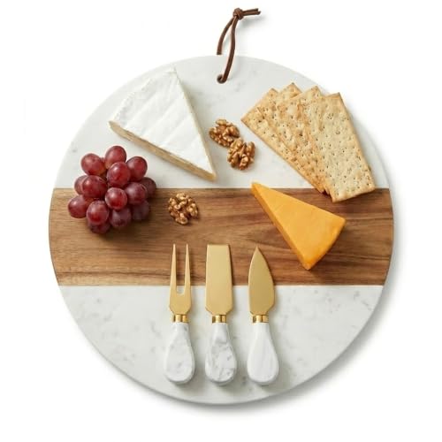 Marble Charcuterie Board Gift Set – 12" Round Cheese Board with 3 Gold Stainless Steel Knives, Leather Strap & Gift Box | Housewarming Gifts for Women, Bridal Shower, Wedding & Hostess Gift