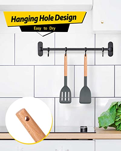 Pack of 2 Silicone Cooking Spatula, Heat Resistant Solid Turner, Non Stick Slotted Spatulas with Wooden Short Handle,Ideal Wood Kitchen Utensils Set for Frying, Baking, Flipping, Turning - color: Dark Gray