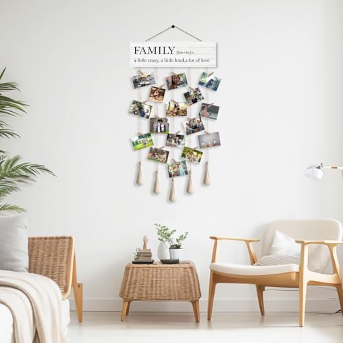 Family a Little Crazy Photo Hanging Display Board with 16 Clips, Rustic Wood Picture Collage Frame with Tassels Farmhouse Wall Decor - color: Family A Little Crazy