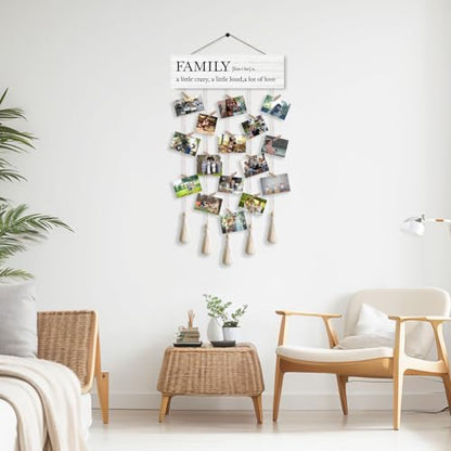 Family a Little Crazy Photo Hanging Display Board with 16 Clips, Rustic Wood Picture Collage Frame with Tassels Farmhouse Wall Decor - color: Family A Little Crazy