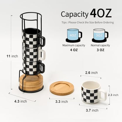 LUKA Ceramic Stackable Black and White Checkered Espresso Cups with Saucers and Metal Stand, 4 Ounce Small Demitasse Cups Set for Coffee Drinks, Latte, Tea - Set of 4 - color: 4G-White & Black