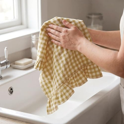 HunnmingRe Yellow Kitchen Towels Set of 2, 100% Cotton Ruffled Gingham Dish Towels 18"x28" Tea Cloths Classic Plaid Pattern for Farmhouse Charm, Drying Dishes, Entertaining Guests - color: Yellow, style: Gingham