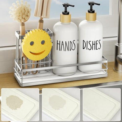 Moforoco Kitchen Dish Soap Dispenser Set, 16OZ Glass Bottle, Hand and Dish Soap Dispenser Set, Instant Dry Tray, Brush Holder with Smiley Face Sponge Holder (Silver Tray+White Bottle) - color: Silver Tray+white Bottle