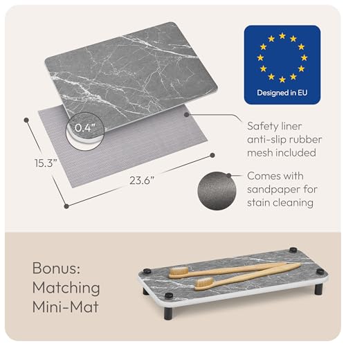Stone Bath Mat Quick-Dry Absorbing Diatomaceous Earth Bath Mat | 2 Stone Mats - Large & Small Mat for Bathroom | Anti-Slip Diatomaceous Bathmat 100% Natural Bathroom Rug Stones (Gray Marble)