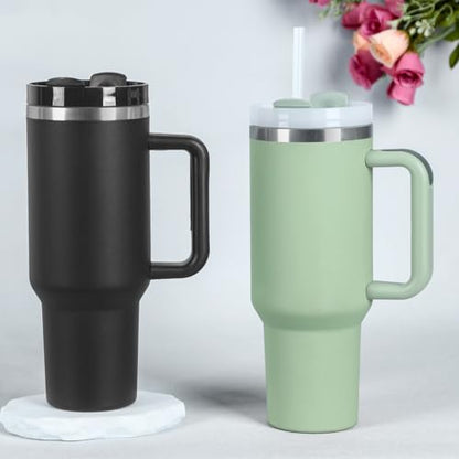 4 Pack 40 Oz Tumbler with Handle Bulk, Double Wall Vacuum Insulated Stainless Steel Tumbler with Lid and Straw, 40 oz cup with Silicone Spill Proof Stopper Set (Black) - color: Black