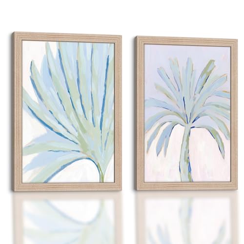 Framed Botanical Canvas Wall Art 2 Pcs Sage Green Modern Decor 16X12 Inch | Botanical Painting Prints Picture with minimalist sage green style for bathroom bedroom livingroom entryway Ready To Hang - color: Sage Green Blue 022, size: 16L" x 12W"