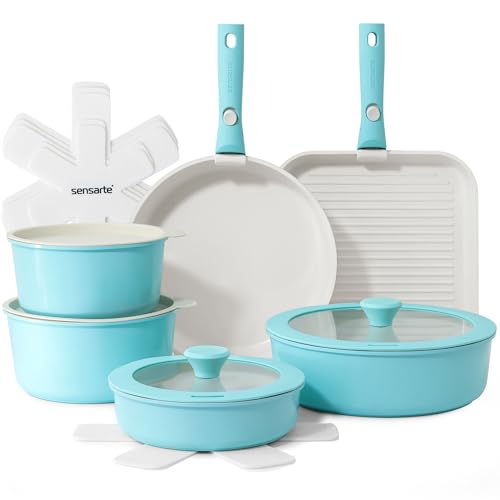 SENSARTE 17 Piece Ceramic Detachable Handle Pots and Pans Set Turquoise | Ceramic Cookware Set, Induction Cookware Set with Removable Handle, Healthy Non Stick for RV, Dishwasher ＆ Oven Safe - color: Turquoise, size: 17 Piece