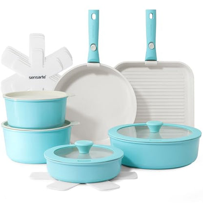 SENSARTE 17 Piece Ceramic Detachable Handle Pots and Pans Set Turquoise | Ceramic Cookware Set, Induction Cookware Set with Removable Handle, Healthy Non Stick for RV, Dishwasher ＆ Oven Safe - color: Turquoise, size: 17 Piece