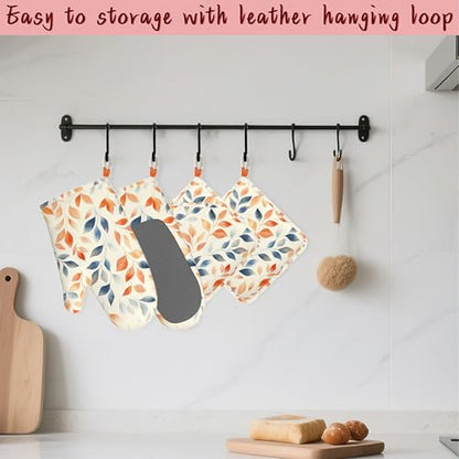 Autumn Leaves Heat-Resistant Silicone Oven Mitts and Pot Holder 4 Piece Set,Non-Slip Kitchen Oven Gloves for Baking, BBQ, Cooking,Grilling - color: Autumn Leaves