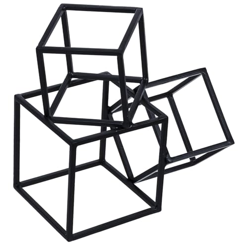 MyGift Modern Black Metal Geometric Bookends, Decorative Book Ends Stands for Home Library Bookshelf Office Desk, 1 Pair, Handcrafted in India, 3 Cube Frame Design