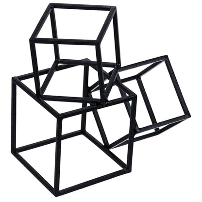 MyGift Modern Black Metal Geometric Bookends, Decorative Book Ends Stands for Home Library Bookshelf Office Desk, 1 Pair, Handcrafted in India, 3 Cube Frame Design