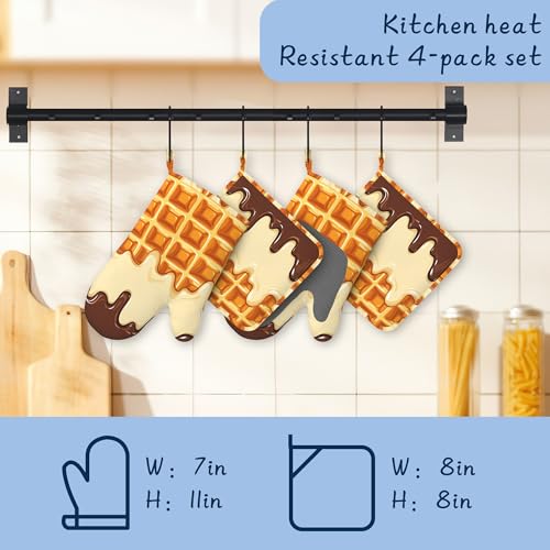 Heat Resistant Pot Holders and Oven Mitts,Funny Waffles Extra Long Kitchen Oven Mitt Set,Chocolate Cream Cotton Lining Anti-Slip Waterproof Kitchen Mittens Hot Pan Holder for Baking Cooking Grilling - color: Funny Waffles