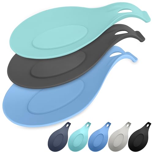 Silicone Spoon Rest for Kitchen Counter, Set of 3, XL 9.2”, DISHWASHER SAFE | NON-STICK Surface for Quick Cleanup, Non-Slip, Safe for Glass and Induction Cooktops, Raised Edges Catch Drips, 3 Colors - color: Cool Gray,Pastel Turquoise,Sky Blue