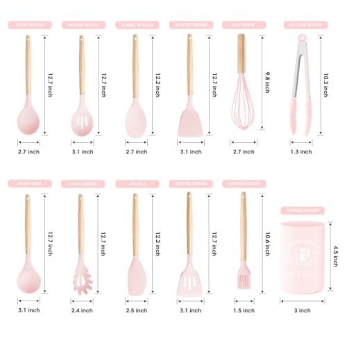 Kitchen Utensils Set Silicone Kitchen Utensils Set with Wooden Handle Utensils for Cooking Heat Resistant Silicone Non-Stick Cookware BPA FREE (Pink) - color: Pink