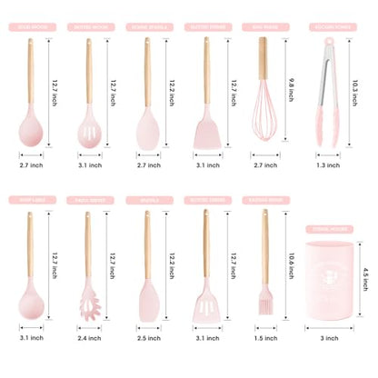 Kitchen Utensils Set Silicone Kitchen Utensils Set with Wooden Handle Utensils for Cooking Heat Resistant Silicone Non-Stick Cookware BPA FREE (Pink) - color: Pink