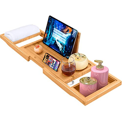 Bathtub Tray Caddy Expandable, Foldable Bath Tray, Bathtub Trays for Tub with Book, Wine Glass Holder, Anniversary House Warming Gifts, Relaxation, Bathroom Accessories, Fits Most Bathtubs Sizes