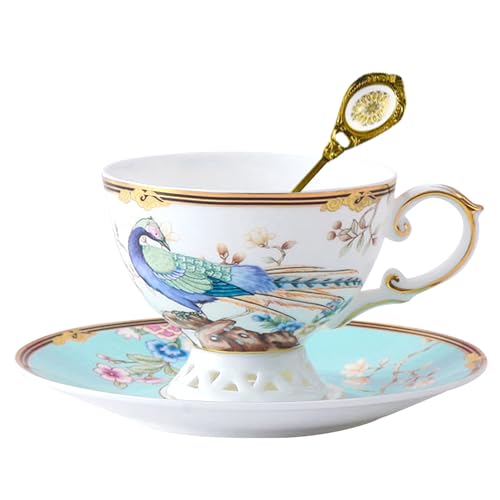 ACMLIFE Bone China Tea Cup and Saucer Set - Bone China Tea Coffee Cup and Saucer Set Luxury Fine China Tea Cup Set for One Blue Vintage Teacups and Saucers for Women Tea Party or Gift Giving - color: Blue-A