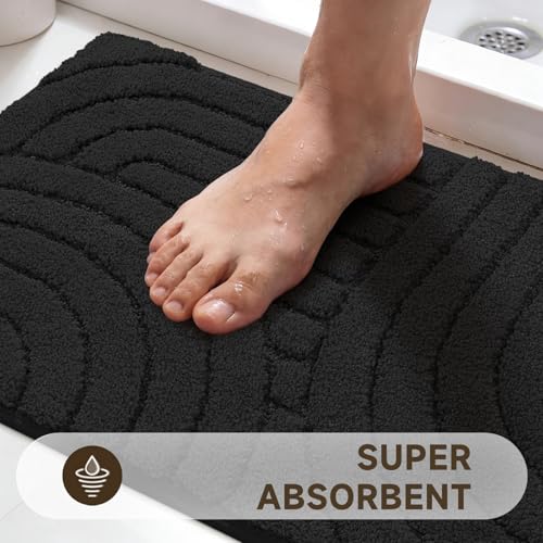 Pauwer Bathroom Rugs Sets 5 Piece, Absorbent Non Slip Bath Mat Set, Black | Machine Washable, Microfiber Plush, Quick Dry Runner, U Shaped Contour Toilet Rugs, Shower Mats and Toilet Lid Cover - color: Black