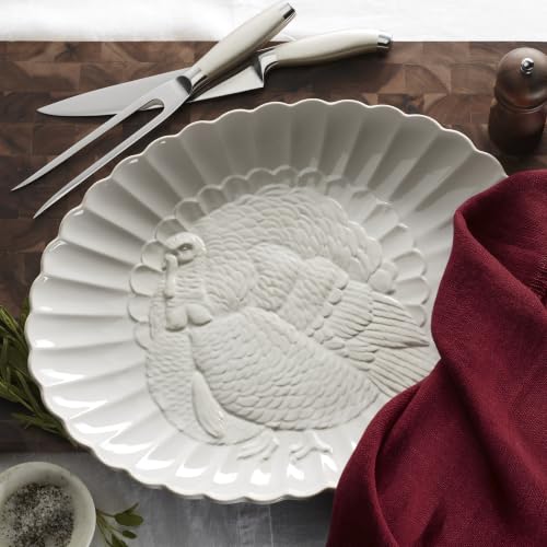 Lenox French Perle White Stoneware Turkey Thanksgiving Serving Platter | Dishwasher safe, microwave safe, carved design | serving dish, holiday hosting centerpiece | 1.75 in, Christmas kitchen decor - style: Casual