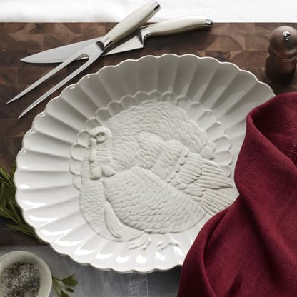Lenox French Perle White Stoneware Turkey Thanksgiving Serving Platter | Dishwasher safe, microwave safe, carved design | serving dish, holiday hosting centerpiece | 1.75 in, Christmas kitchen decor - style: Casual